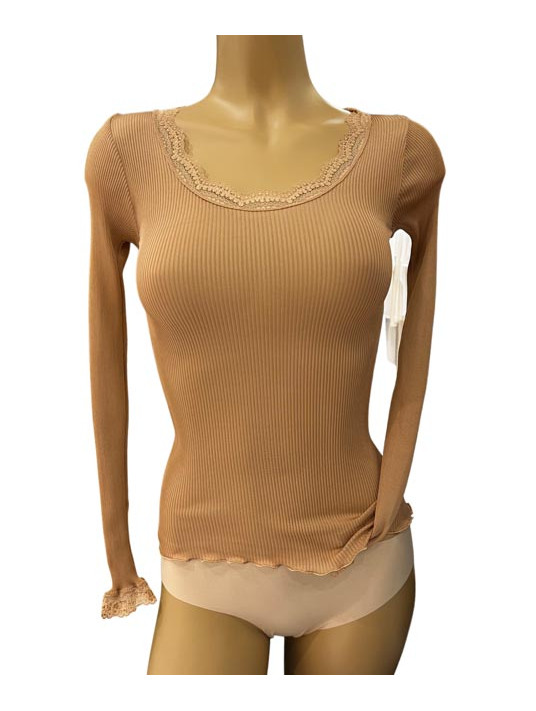Women Cotton Silk Undershirts Long Sleeve Thermal Top Lace V Neck