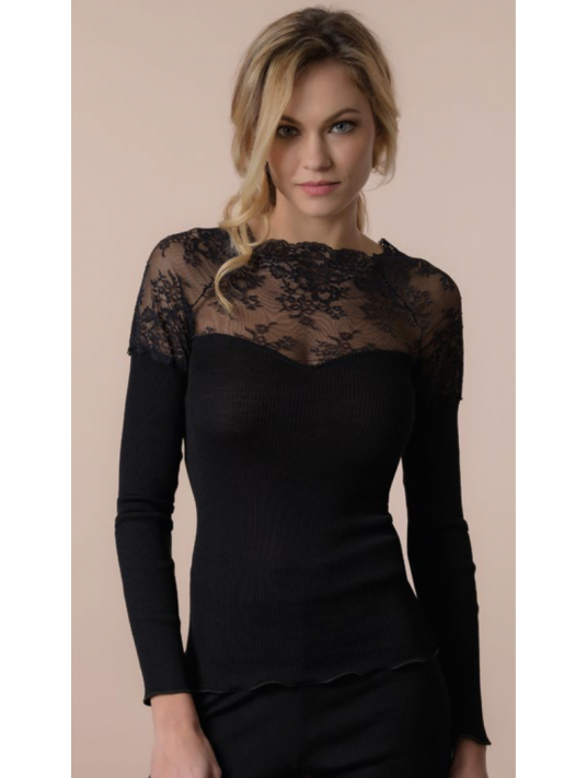 Moretta Top manches longues dentelle noir LAINE ET SOIE