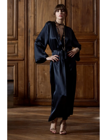Marjolaine Long silk dressing gown black TRACY