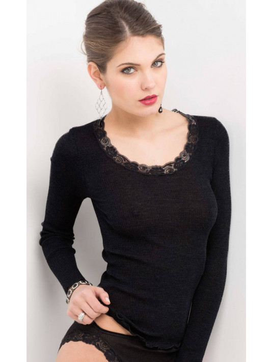 Oscalito Long-sleeved top round lace neckline WOOLEN SILK black