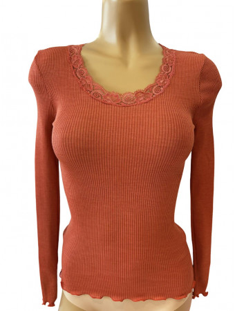 Oscalito Long-sleeved top round lace neckline rust WOOLEN SILK