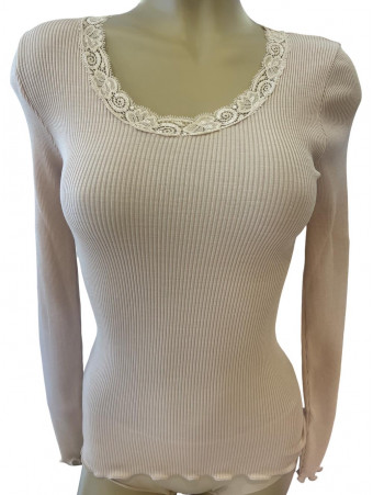 Oscalito Long-sleeved top round lace neckline beige WOOLEN SILK