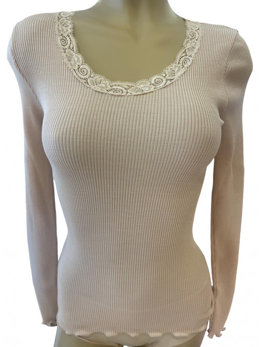 Oscalito Long-sleeved top round lace neckline beige WOOLEN SILK