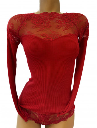 Moretta Long-sleeved top red lace WOOLEN SILK