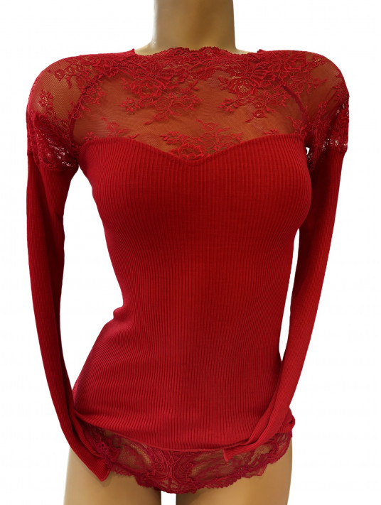 Moretta Long-sleeved top red lace WOOLEN SILK