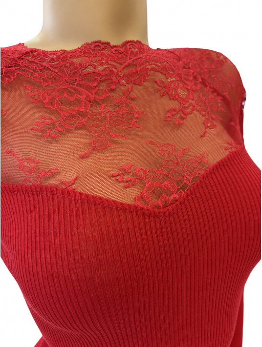 Moretta Long-sleeved top red lace WOOLEN SILK