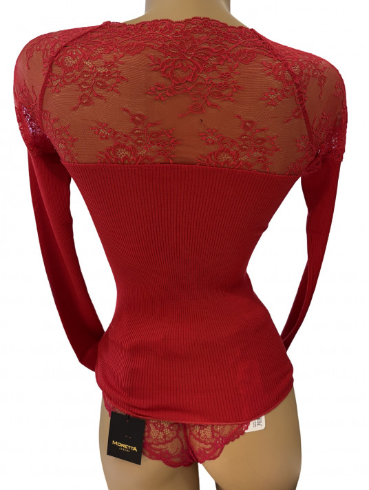 Long-sleeved top red lace WOOLEN SILK