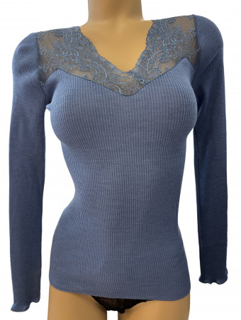 Moretta Long-sleeved blue lace top WOOLEN SILK