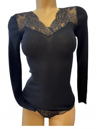 Moretta Long-sleeved top black lace WOOLEN SILK