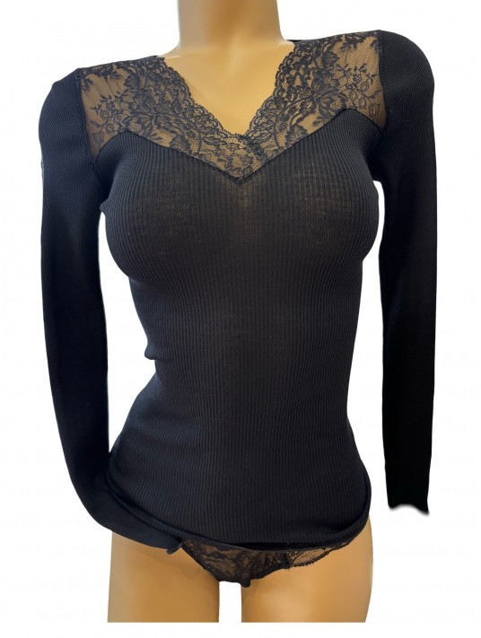 Moretta Long-sleeved top black lace WOOLEN SILK