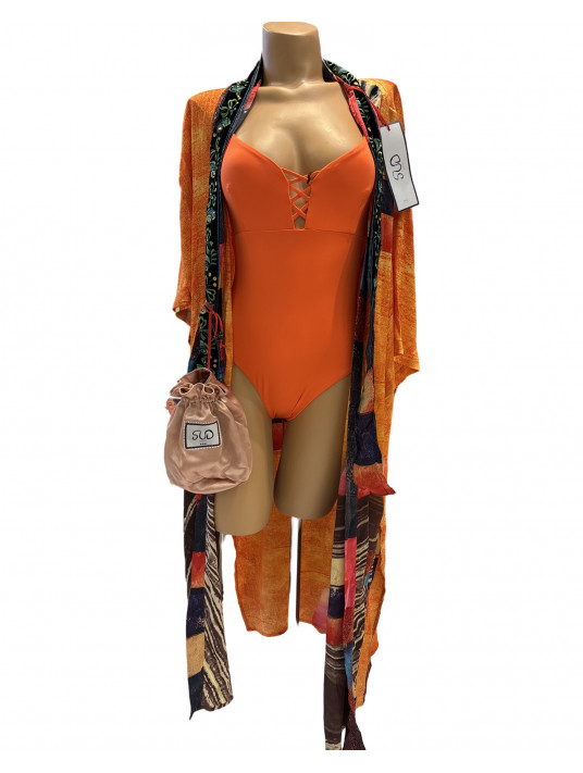 Kimono en soie imprimé orange SUD