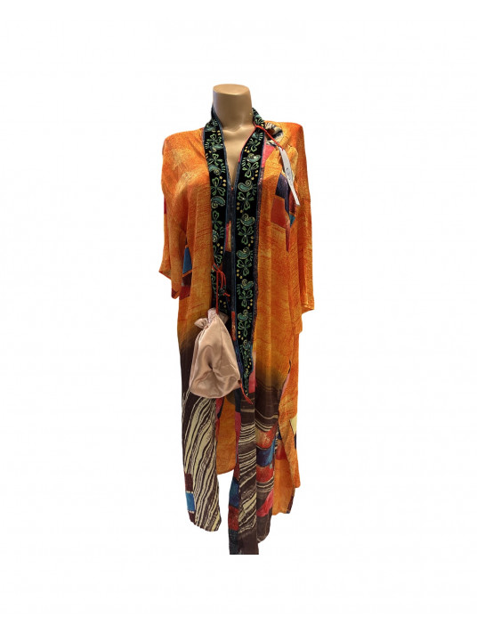 Kimono en soie imprimé orange SUD