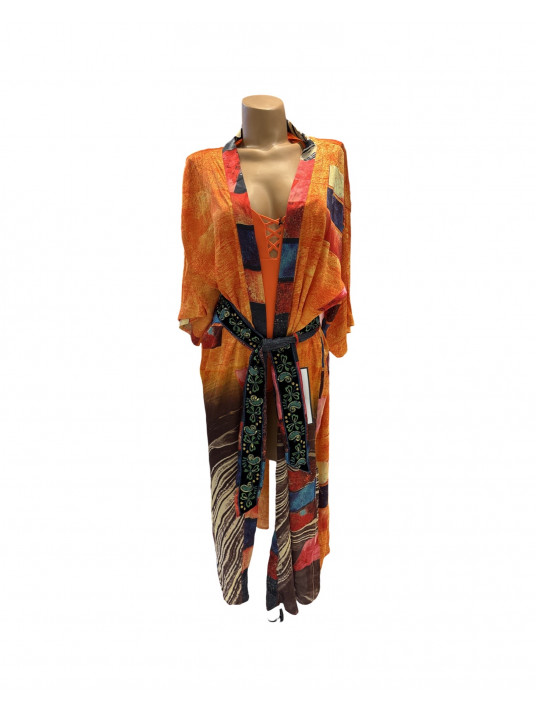 Kimono en soie imprimé orange SUD