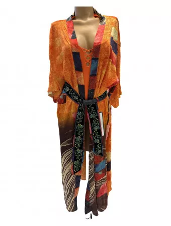 Kimono en soie imprimé orange SUD