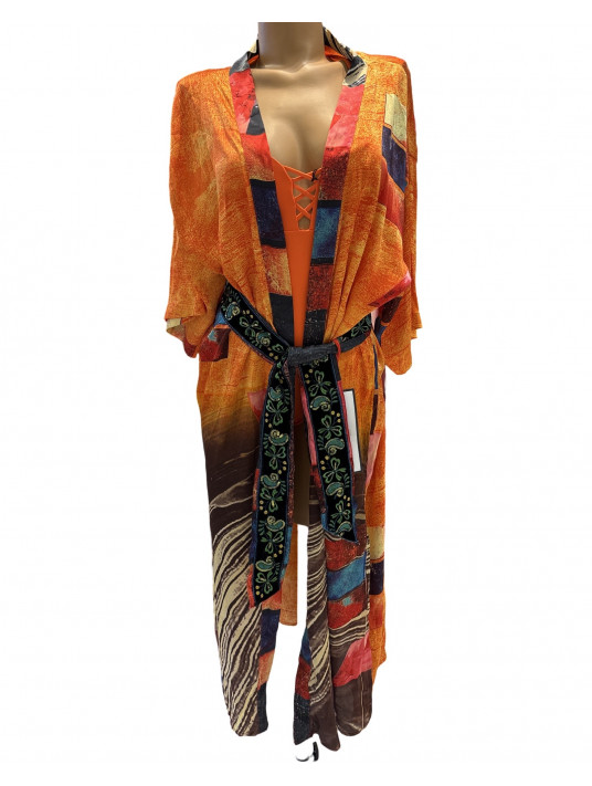 Kimono en soie imprimé orange SUD