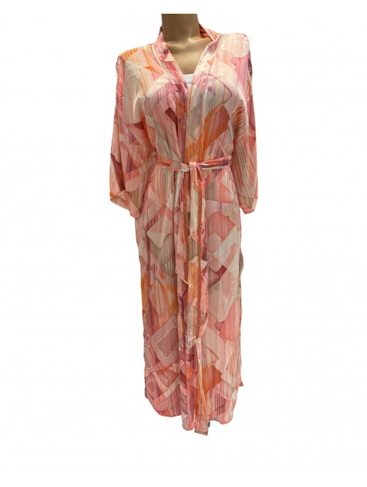 Kimono en soie rose pale imprimé SUD